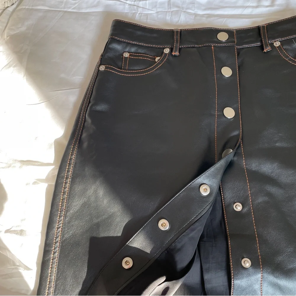 Proenza Schouler NEW Leather Midi Skirt. Black brown top stitching. Sz 2